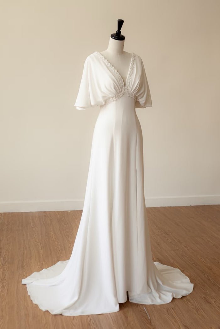 Flowy Chiffon A-Line Beach Wedding Dress with V-Neck